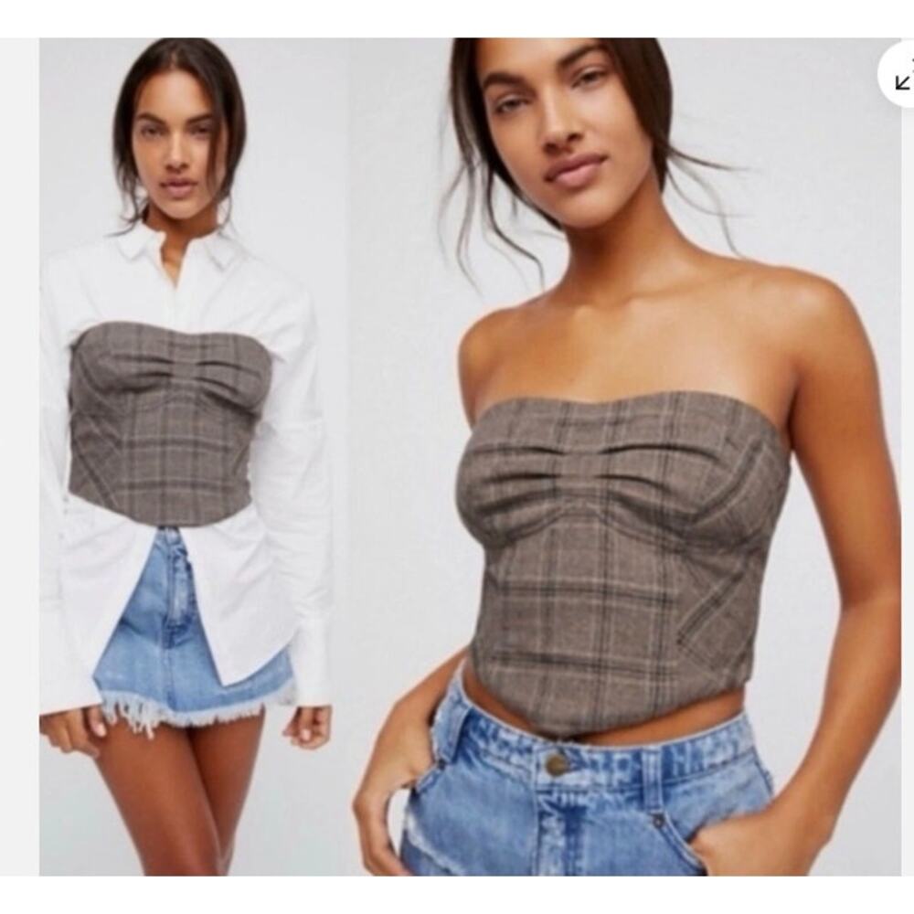 Free people plaid corset top strapless out west western crop tan tube top sz 4 - Picture 10 of 15